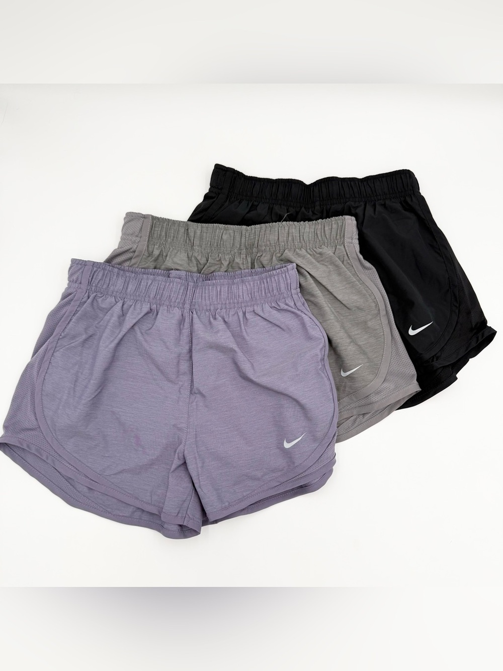 Nike Women’s Tempo Dri-Fit Shorts Set of 3- Lavender, Gray, & Black XS